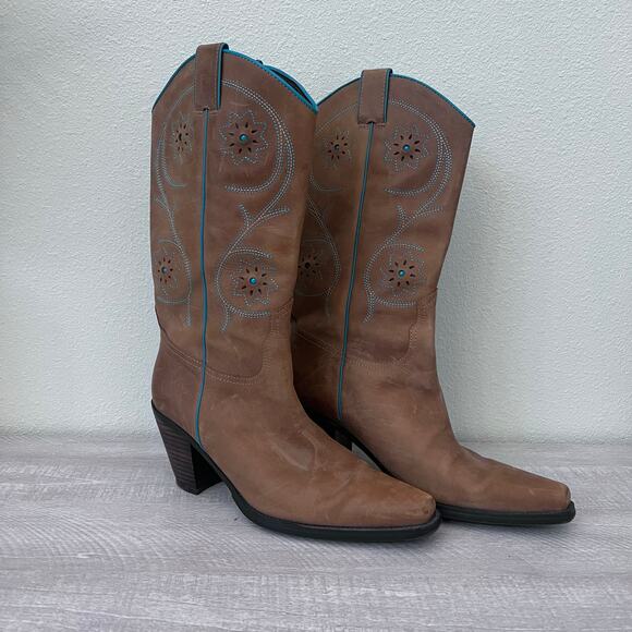 Franco Sarto Shoes - Franco Sarto Pointy Cowboy Western Block Heels Leather Boots 8M Brown Festival